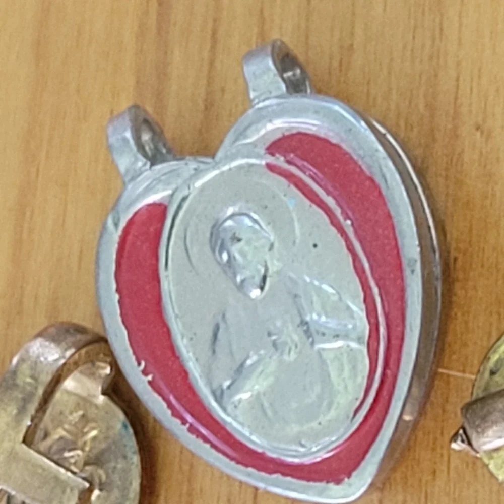 Vintage Religious Medal Charm Pin Lot Cross Saint Heart Pendant 3 Pcs